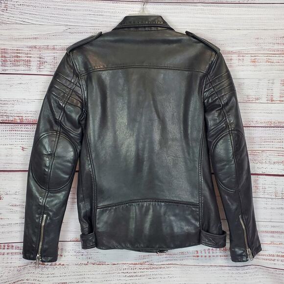 BLK DNM Black Leather Moto Biker Jacket Women's M Zip Bomber Coat Buckle Belted - Picture 3 of 16